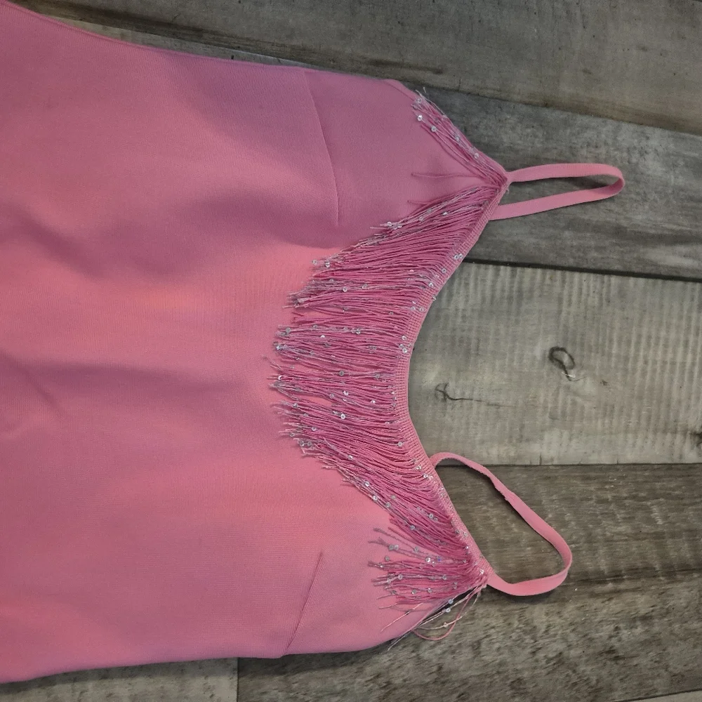 Fashion Nova Slip Dress Bodycon Glam Night Feathers Fringe Beads Pink M/L - Picture 6 of 9